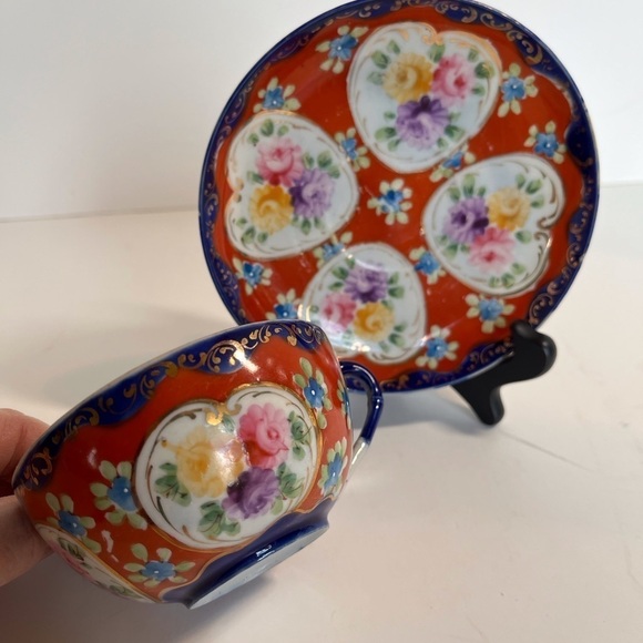 Floral Red and Blue Teacup and Saucer Set - Picture 2 of 13